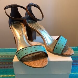 NEW Brazilian chunky heels in teal and chocolate. Size 6